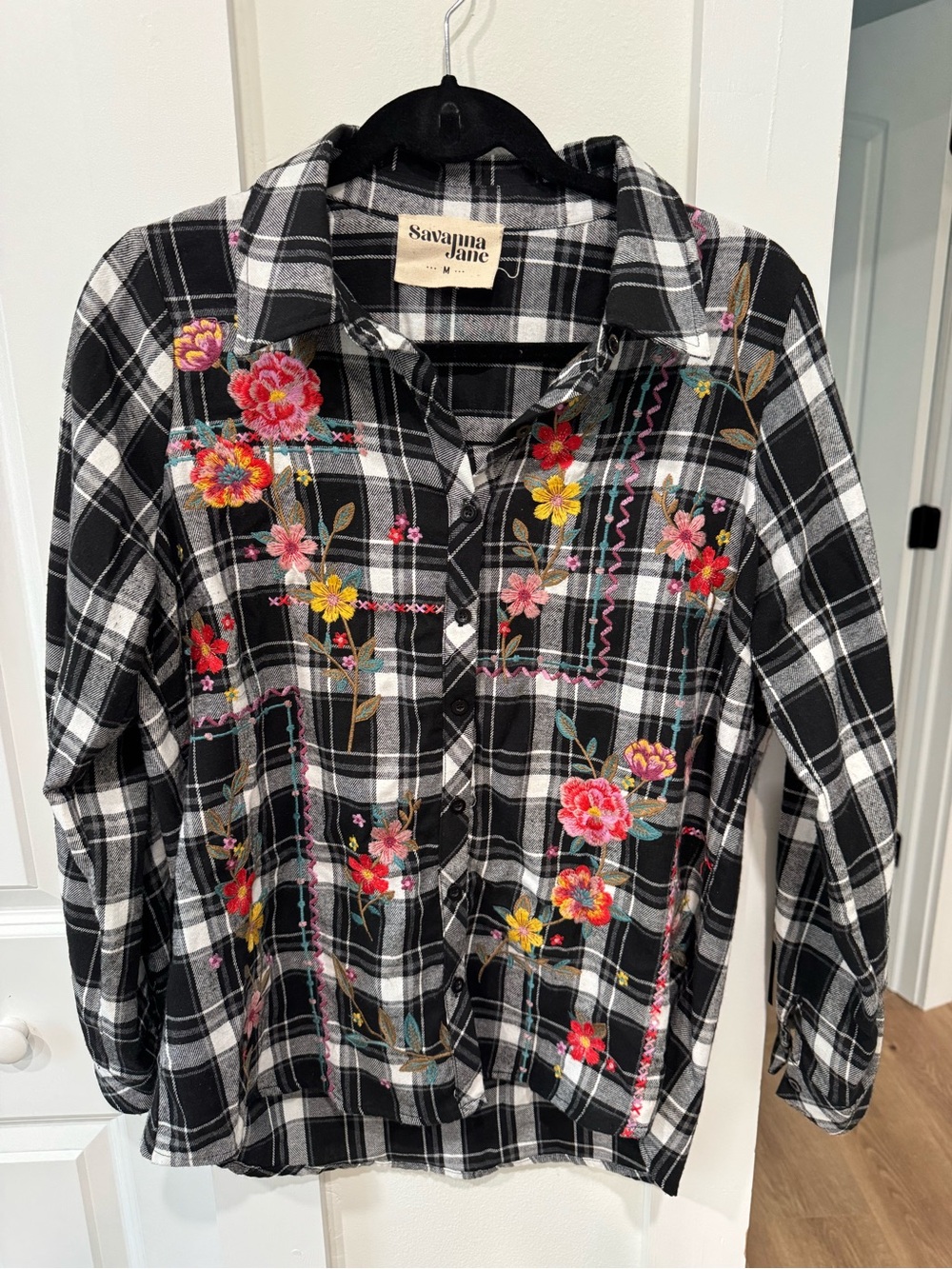 Savanna Jane Black & White Plaid Shirt with Embroidered Blooms